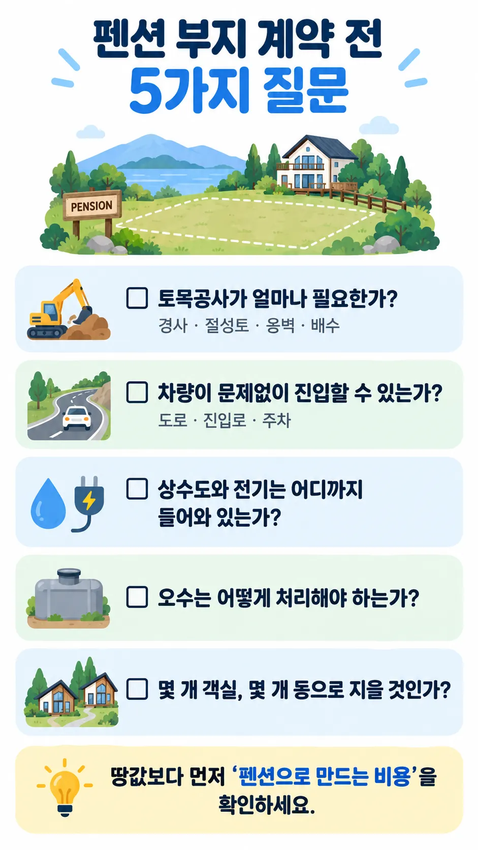 펜션 부지 계약 전 토목 진입로 상수도 전기 오수처리 객실과 동 수를 확인하는 체크리스트